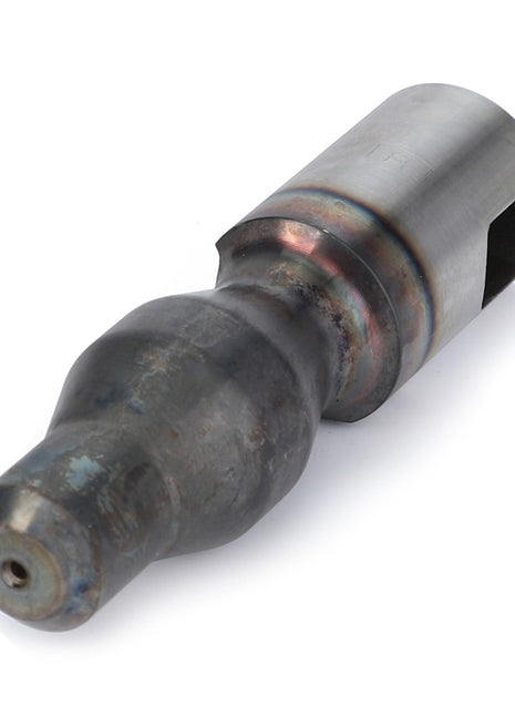 The AGCO COUPLING BOLT Bush, Automatic Clevis (F816500070160) is a metal pipe fitting with a cylindrical body, a slightly bulged middle section, and a rectangular cutout on one end. No current product description information available.