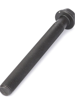 A black, threaded metal bolt with a hexagonal head and an integrated washer near the top, suitable for various Massey Ferguson models: AGCO | Hexagon Flange Bolt - 4224867M1.