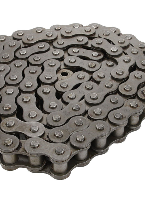 The AGCO | Chain Feeder Transmission - D28273943 is a coiled metal chain with interconnected links, expertly engineered by AGCO for peak efficiency and high fatigue strength, ideal for use in bicycles or machinery.