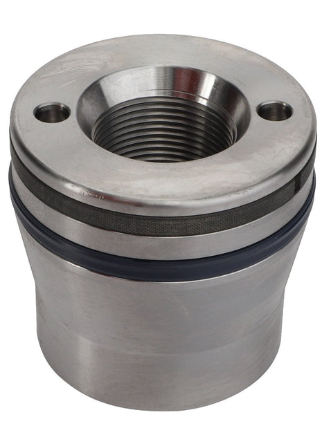 A cylindrical stainless steel mechanical part, named AGCO | PISTON - AL12707512, features a threaded interior, two small holes on the top, and a blue rubber gasket around the middle section. No current product description information is available for this item.