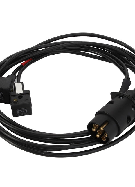 The AGCO | CABLE - AL740817 is a black electrical cable featuring multiple connectors, including a circular multi-pin connector and two rectangular connectors with icons and labels. Currently, detailed product description information is not available.