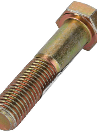 Image of the AGCO | BOLT - AG521357, a hex bolt with a partially threaded shank and a hexagonal head, likely made of metal with a goldish hue, lying on a white background.