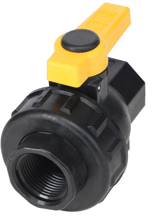 Close-up of the AGCO | VALVE - AG428458 black plastic Single Union Spinweld valve fitting, featuring a yellow lever handle and available in sizes ranging from 1/2" to 2".