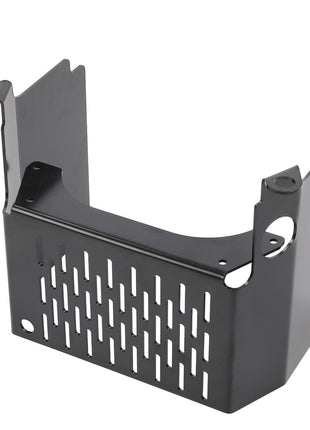 The AGCO Cowl - Acw0750160 by AGCO is a black metal bracket featuring perforated slots, designed for mounting purposes with multiple holes and a sturdy structure. No current product description information is available.