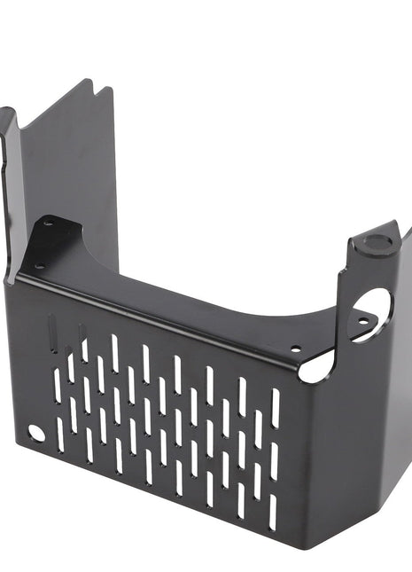 The AGCO Cowl - Acw0750160 by AGCO is a black metal bracket featuring perforated slots, designed for mounting purposes with multiple holes and a sturdy structure. No current product description information is available.