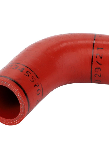 AGCO Rubber Elbow - Acw2345570, a red curved rubber hose with black markings. Currently, no product information available.
