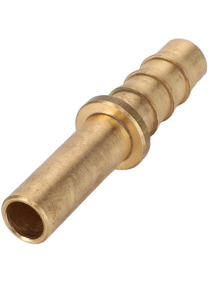 The AGCO | ADAPTER - D46418200, a brass hose barb fitting, features a smooth cylindrical end and three ridges on the opposite end, designed for secure connections in your applications.