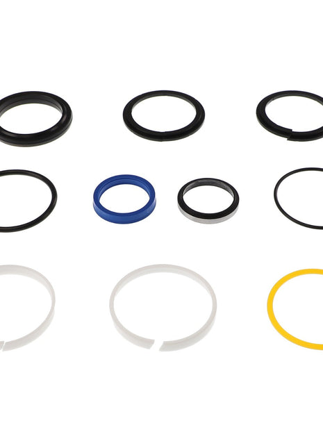 No current product description information is available for the AGCO | SEALS KIT - AL5036165, but our assorted O-rings and sealing rings come in various sizes and colors, including black, white, yellow, and blue, all arranged in a neat grid pattern.