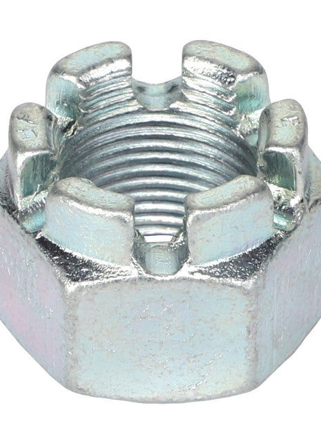 Close-up of the AGCO | HEX NUT - ACP0413170, a silver, hexagonal metal castellated nut featuring internal threading and six slots on the top edge. For more details, refer to the current product description or contact our support team before ordering.