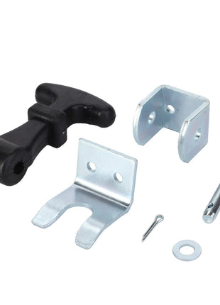 There is no existing product description for the AGCO | BONNET FASTENER - D46150208 collection, which contains a black plastic piece, two metal brackets, a screw, a pin, a washer, and a small metal rod, all displayed on a white background.