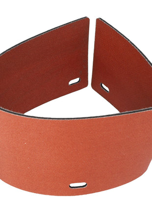 A red, folded sanding belt featuring two oval cutouts on each side. Unfortunately, no further product description is available for the AGCO Seal - Acx2425530.