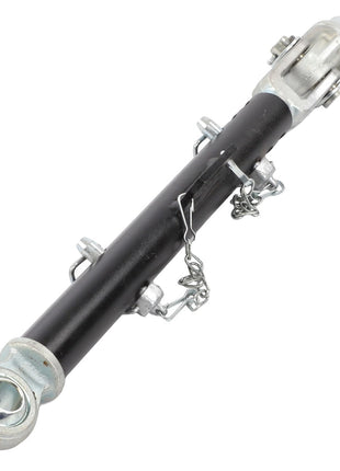 The AGCO Stabiliser - Va201095 is a black hydraulic cylinder rod featuring silver mounting brackets and clamps on both ends, specifically designed for machinery applications compatible with Massey Ferguson Models such as the MF 3630 and MF 3650.