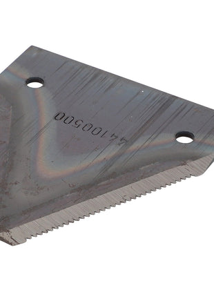 The AGCO KNIFE - D44100500 features a triangular design with serrated edges and is equipped with two holes for attachment. The blade has a stamped numerical code on its flat surface. No current product description information is available.