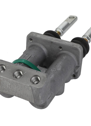 The AGCO Master Cylinder (Acw012012A), featuring a sleek silver finish, three ports, and two vertically aligned extended metal rods, gleams with precision engineering.