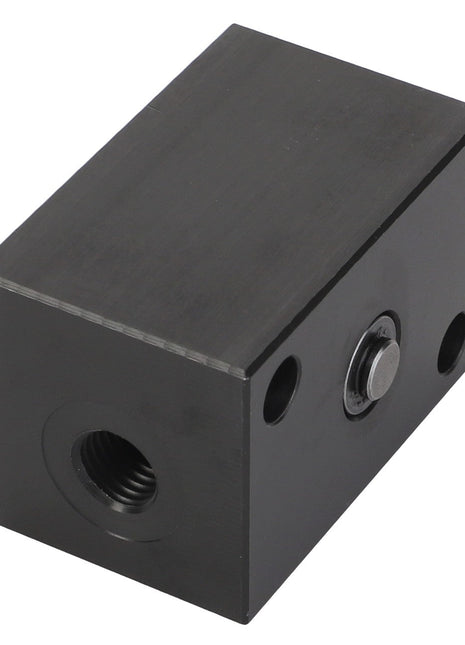 No current product description is available for the AGCO Valve - Acp0380150, but this black, rectangular metal block features multiple threaded and non-threaded holes on its sides, making it perfect for engineering or industrial use.