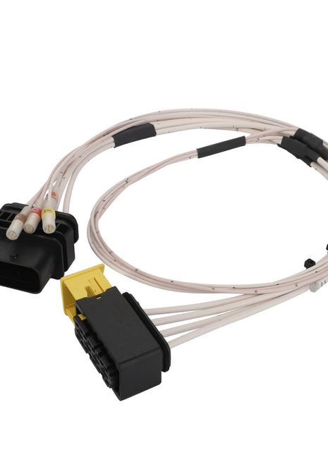 Harness featuring a coiled cable with multiple wires terminating in rectangular black and yellow connectors on each end, currently listed as AGCO | Harness - Act0060550 by AGCO without a detailed product description.