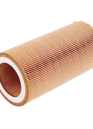 The AGCO | AIR FILTER - ATV0470-619 is a cylindrical pleated paper air filter cartridge featuring a white inner lining and brown outer ridges, with both ends open. Currently, no additional product description information is available.