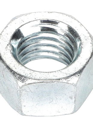 A close-up of the AGCO NUT - AL5011055, featuring a hexagonal metal design with internal threads, typically used for fastening purposes. This product is manufactured by AGCO.