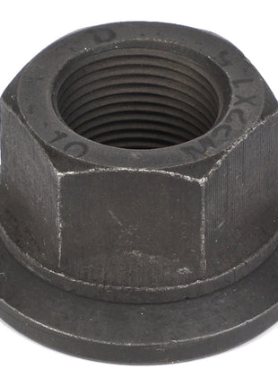 Close-up of the AGCO | Nut - La320630350, a dark-colored hex nut with a flange, showing internal threading and engraved markings on top.