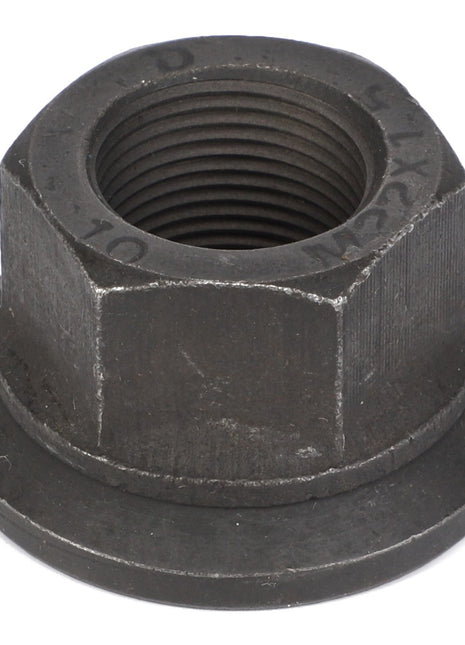 Close-up of the AGCO | Nut - La320630350, a dark-colored hex nut with a flange, showing internal threading and engraved markings on top.