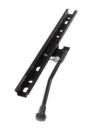 The AGCO | Lever Kit - Acp0349930 by AGCO is a black metal sliding mechanism equipped with a handle and spring, featuring multiple perforations along its length.