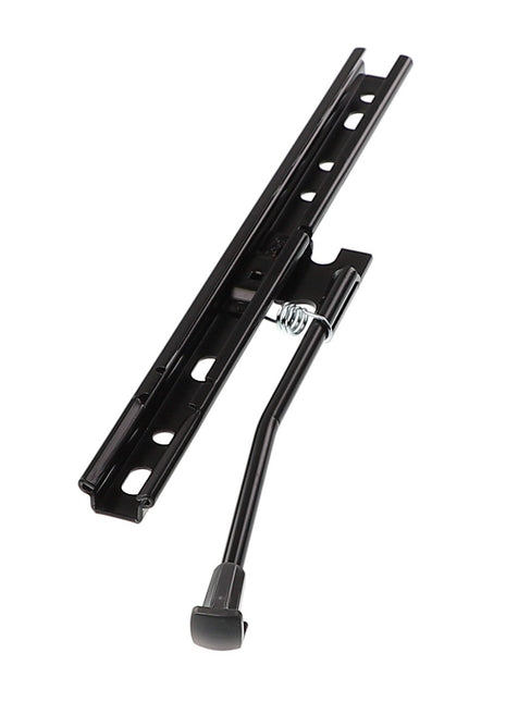 The AGCO | Lever Kit - Acp0349930 by AGCO is a black metal sliding mechanism equipped with a handle and spring, featuring multiple perforations along its length.