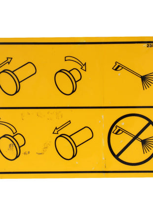 The AGCO | DECAL - AG238749 features a yellow instruction sign that outlines two steps for rotating a knob to operate, and includes a third step that prohibits spraying. Unfortunately, no additional product description information is available at this time.