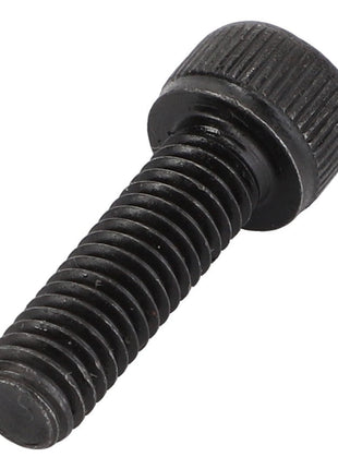 A close-up image of the AGCO Bolt - Acp0412000, a black threaded metal bolt with a ridged, cylindrical head, exemplifies precision engineering.