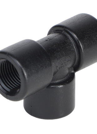 The AGCO | Tee Fitting - Ag051162 is a durable black plastic T-shaped pipe fitting with threaded ends, perfect for seamlessly connecting three sections of pipe.