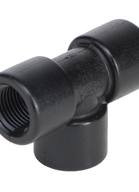 The AGCO | Tee Fitting - Ag051162 is a durable black plastic T-shaped pipe fitting with threaded ends, perfect for seamlessly connecting three sections of pipe.