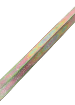 The AGCO LEVER - D28885536, a long, hexagonal metal rod with threaded ends, features a mesmerizing, reflective multicolored surface.