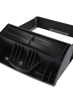 A sleek black plastic front-loading document tray, the AGCO Filter Box - Acw8832680, features a stepped design and multiple compartments for optimal organization.