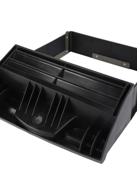A sleek black plastic front-loading document tray, the AGCO Filter Box - Acw8832680, features a stepped design and multiple compartments for optimal organization.