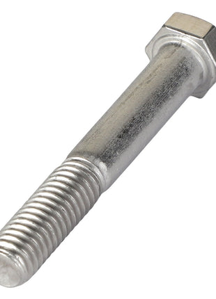 A close-up of the AGCO | HEXAGONAL HEAD BOLT - AG562088, featuring a threaded lower half and a hexagonal head, positioned diagonally against a plain white background. No current product description better captures its precision engineering and sleek design.