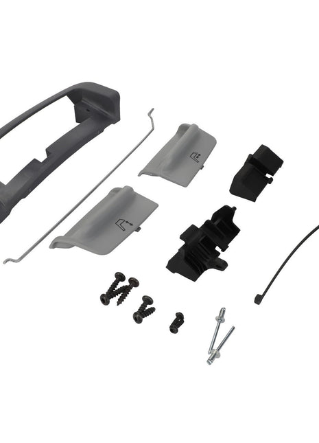 Components of the AGCO | ACTUATION - F930500030360 hardware assembly kit, which include several plastic parts, screws, a wire, and a metal rod, are meticulously laid out on a pristine white background.