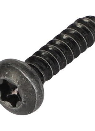 Close-up of the AGCO Self-Tapping Screw - Acw1287590, a high-quality metal screw from AGCO. Featuring a Phillips head and sleek black finish, this screw comes with coarse threads and a slightly rounded head, designed for secure fastening in various materials.