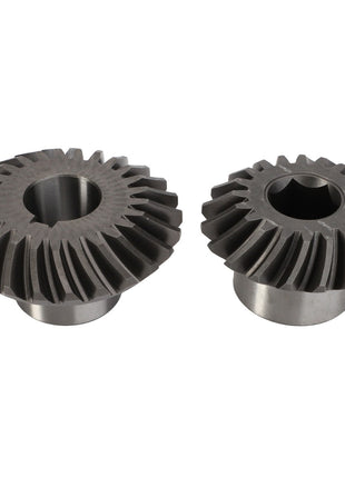 Two AGCO Bevel Gear Kits - Fel140517, featuring teeth of varying sizes, are positioned side by side on a plain white background, showcasing their durability and machinery performance.