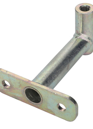 The AGCO | Sensor Bracket - Acx2466550 is a durable metallic right-angle bracket that features two mounting holes on the flange and a threaded hole on the vertical cylinder.