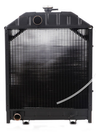 The AGCO Genuine Radiator, model E1824627M93, is shown in a front view. This black metal radiator features a capped outlet on top, an attached side tube, and an inlet at the bottom. It is designed for optimized efficiency and durability.