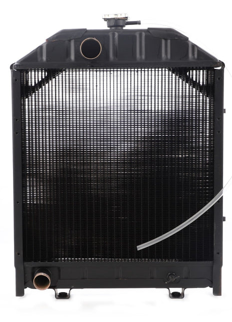 The AGCO Genuine Radiator, model E1824627M93, is shown in a front view. This black metal radiator features a capped outlet on top, an attached side tube, and an inlet at the bottom. It is designed for optimized efficiency and durability.