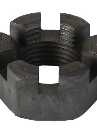 The AGCO Slotted Nut - Acp0146650 is a hexagonal metal castle nut featuring slotted sides and an internally threaded hole at the center.