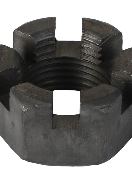 The AGCO Slotted Nut - Acp0146650 is a hexagonal metal castle nut featuring slotted sides and an internally threaded hole at the center.