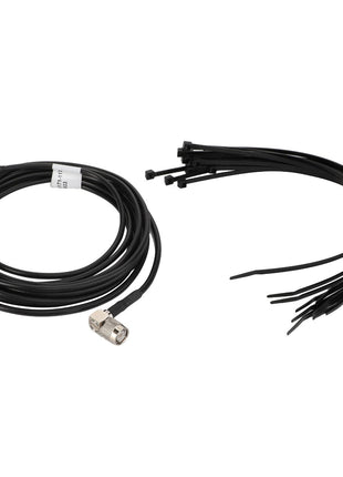 A coiled AGCO Antenna Cable (AG610620) with connectors on the ends is shown on the left, alongside a bundle of black zip ties and AGCO Parts Genuine Electrics on the right.