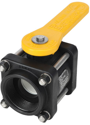 The AGCO | BALL VALVE - AG513721 is a black and yellow industrial valve with a yellow lever handle, featuring 4-bolt valves, designed for controlling the flow of liquids or gases in a pipe system.