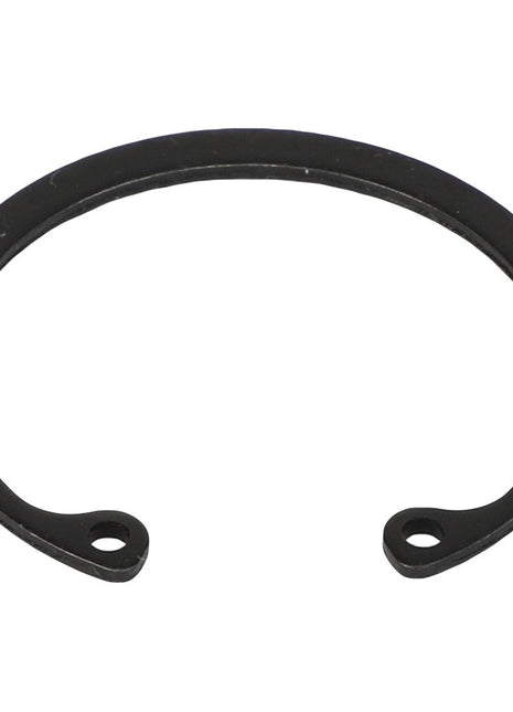 Close-up of the AGCO | RING - AG000060, a black circular retaining ring with two small holes at each end, commonly used in mechanical assemblies. For questions relating to this product, contact our support team.