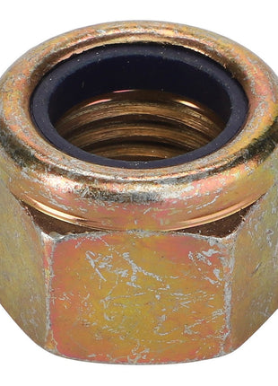 A hexagonal metal retaining nut, specifically the AGCO Retaining Nut for Drawbar Support (F339500166060), features a smooth threaded interior and a black nylon insert for a secure fit, adhering to stringent engineering material specifications.