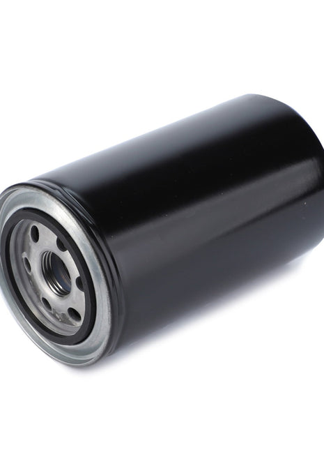 The AGCO | Engine Oil Filter Spin On - V836122208, a cylindrical black filter with a metal base featuring multiple holes and a threaded center hole, extends component life by preventing wear and corrosion.