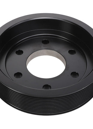 The AGCO Crankshaft Pulley - Acw2934710 is a black automotive component featuring a ribbed exterior and six holes surrounding the central mount. No current product description information is available.