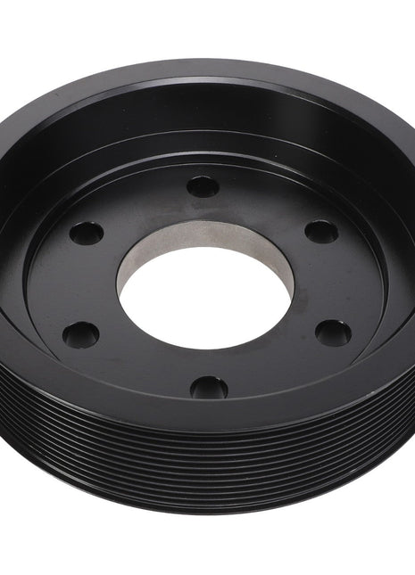 The AGCO Crankshaft Pulley - Acw2934710 is a black automotive component featuring a ribbed exterior and six holes surrounding the central mount. No current product description information is available.