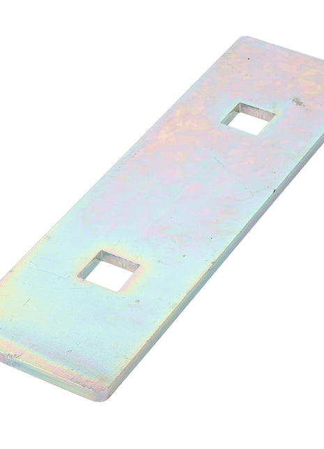 The AGCO | Bushing Clamp - Acx009826A from AGCO is a rectangular metal plate featuring two square cutouts, with a mesmerizing iridescent finish that catches the light beautifully.